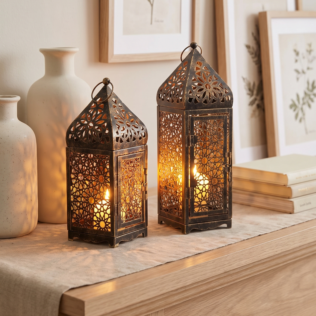 Lantern candle holder on a mantel with soft decor