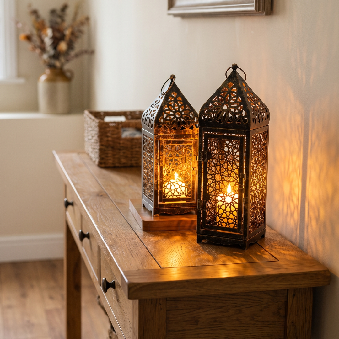 Vintage metal lantern candle holder on a hallway console