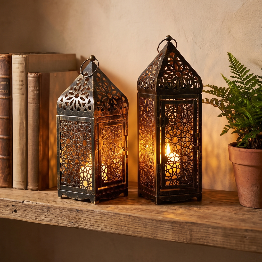 Lantern candle holder on a wooden shelf with books