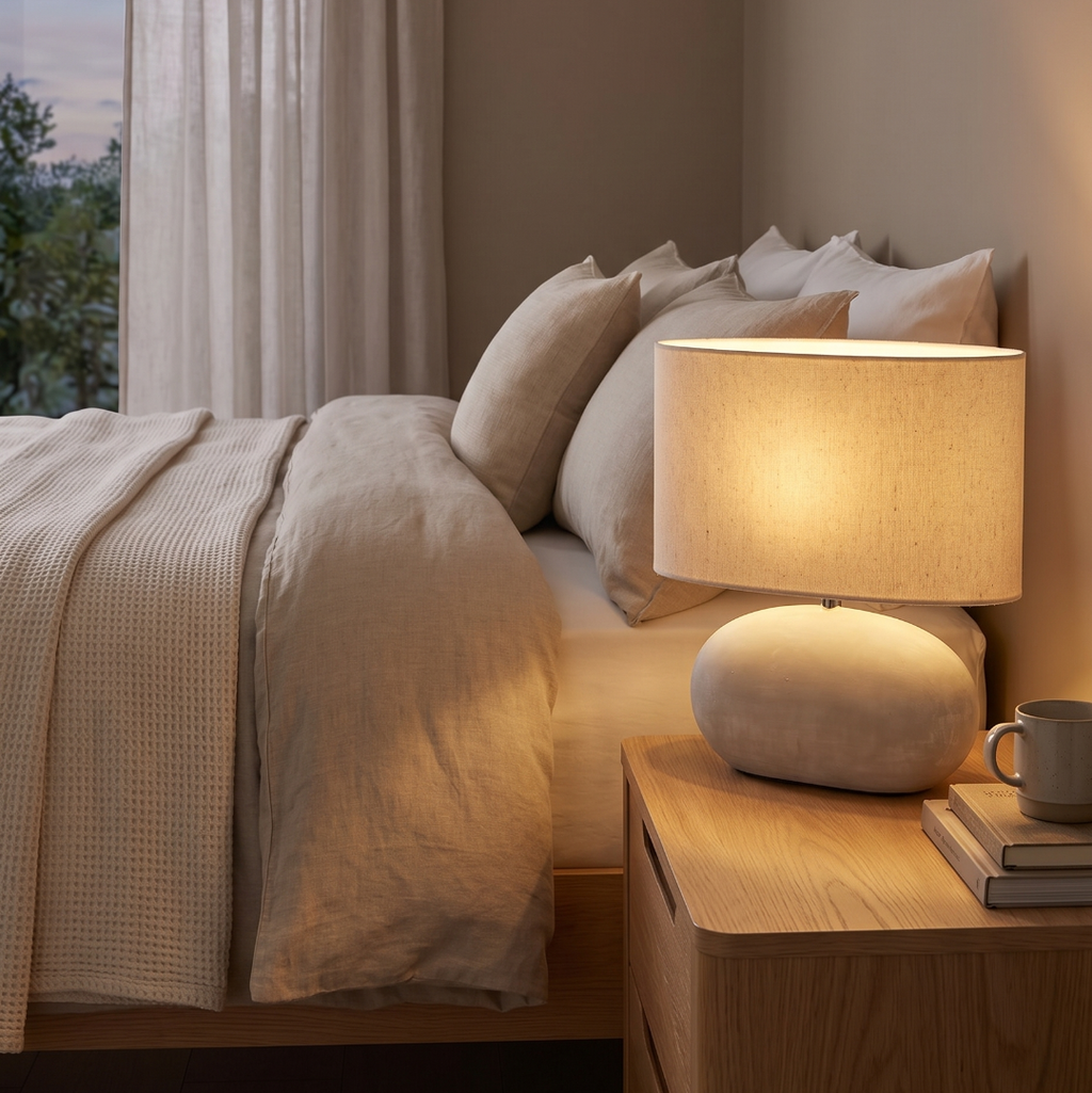 Oval ceramic table lamp with cream shade on a bedside table at dusk