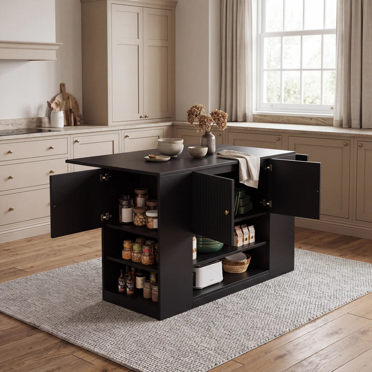 Black Kitchen Island with Storage | Drop Leaf Folding Sideboard, 140cm