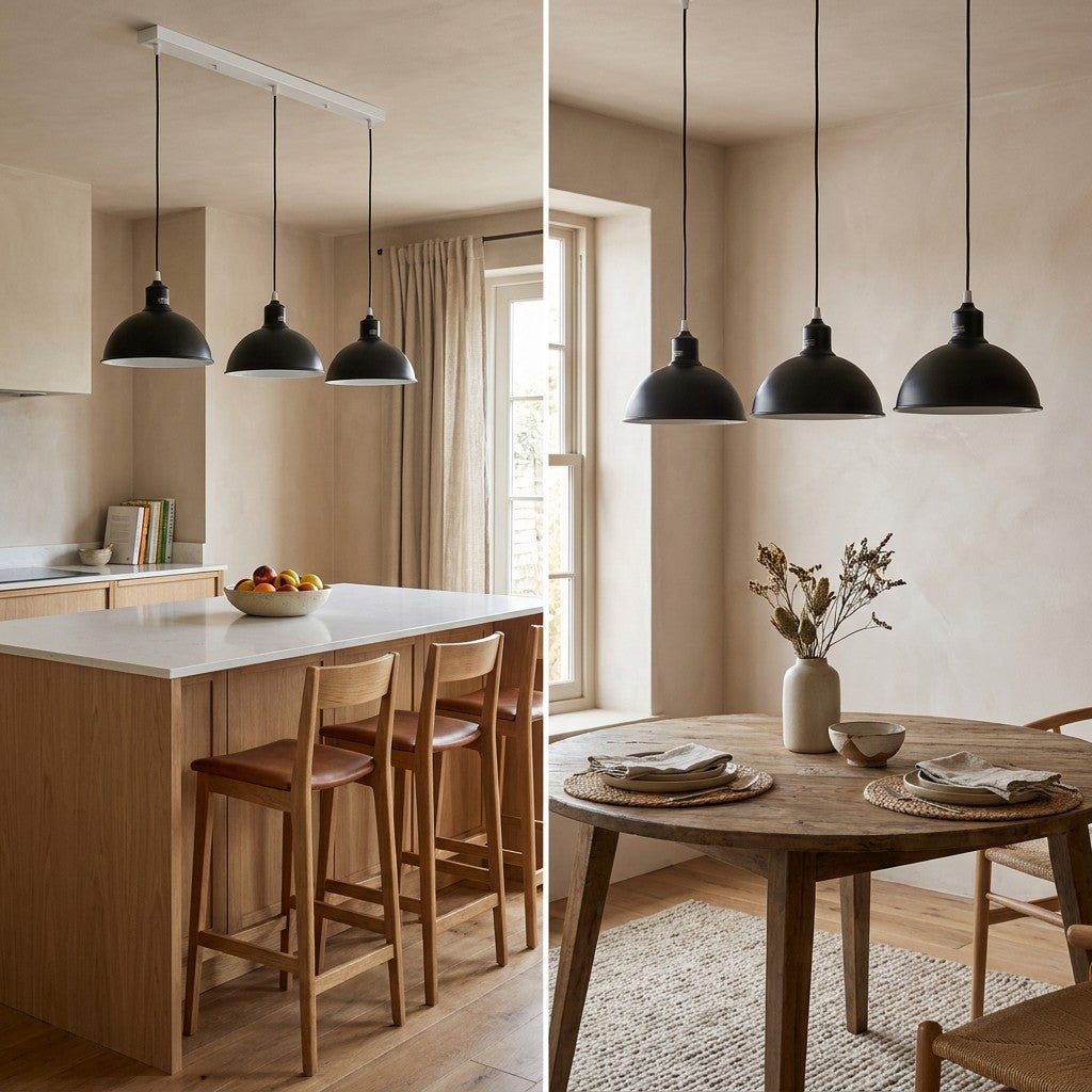 Lifestyle view of black dome pendant lights in a calm neutral dining and kitchen space