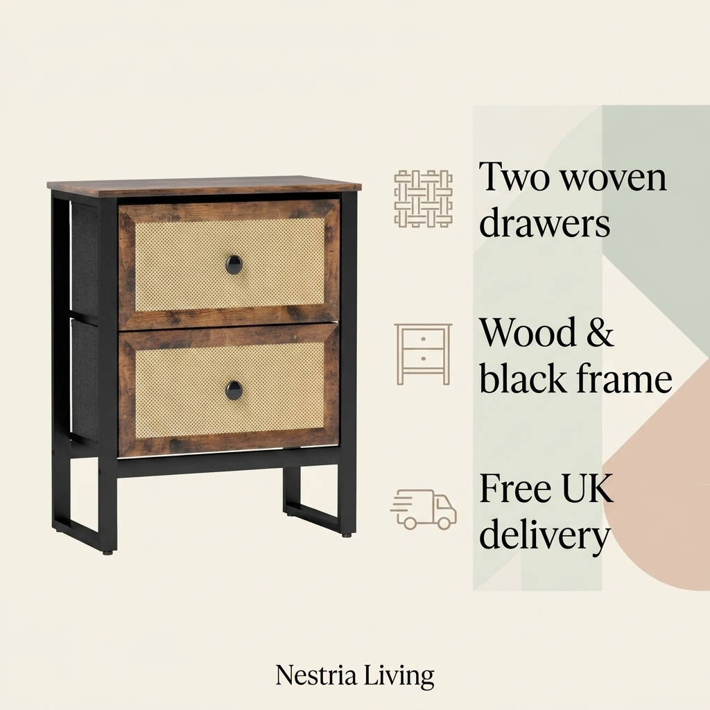 Industrial bedside table with rattan-front drawers