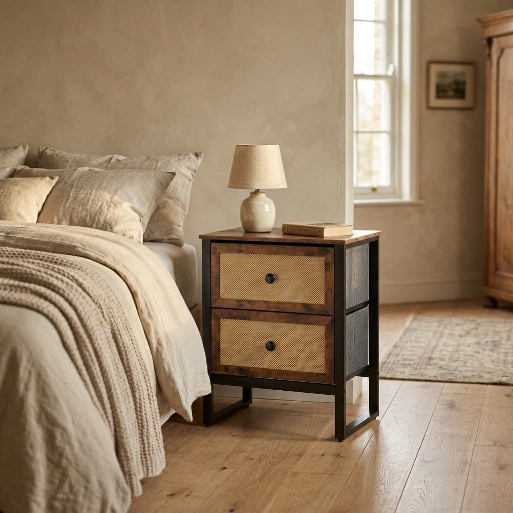 Industrial black bedside table with wood top