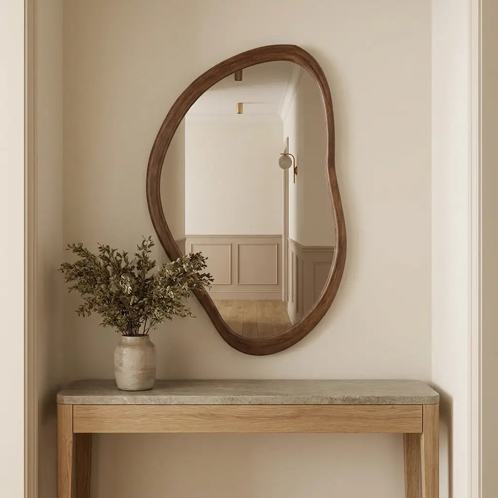 Irregular walnut wall mirror measuring 50 by 70cm shown at room scale in a hallway