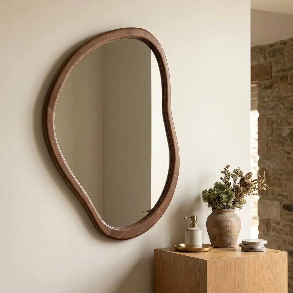 Irregular walnut wall mirror measuring 50 by 70cm from a customer-friendly angle in a hallway