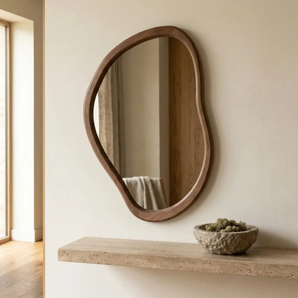 Irregular walnut wall mirror measuring 50 by 70cm premium product hero view in a hallway