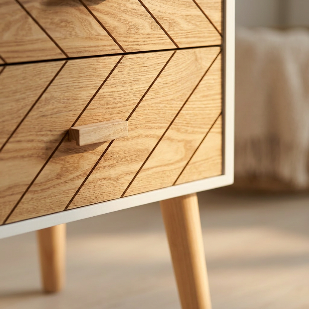 Light wood bedside table with two drawers, detail