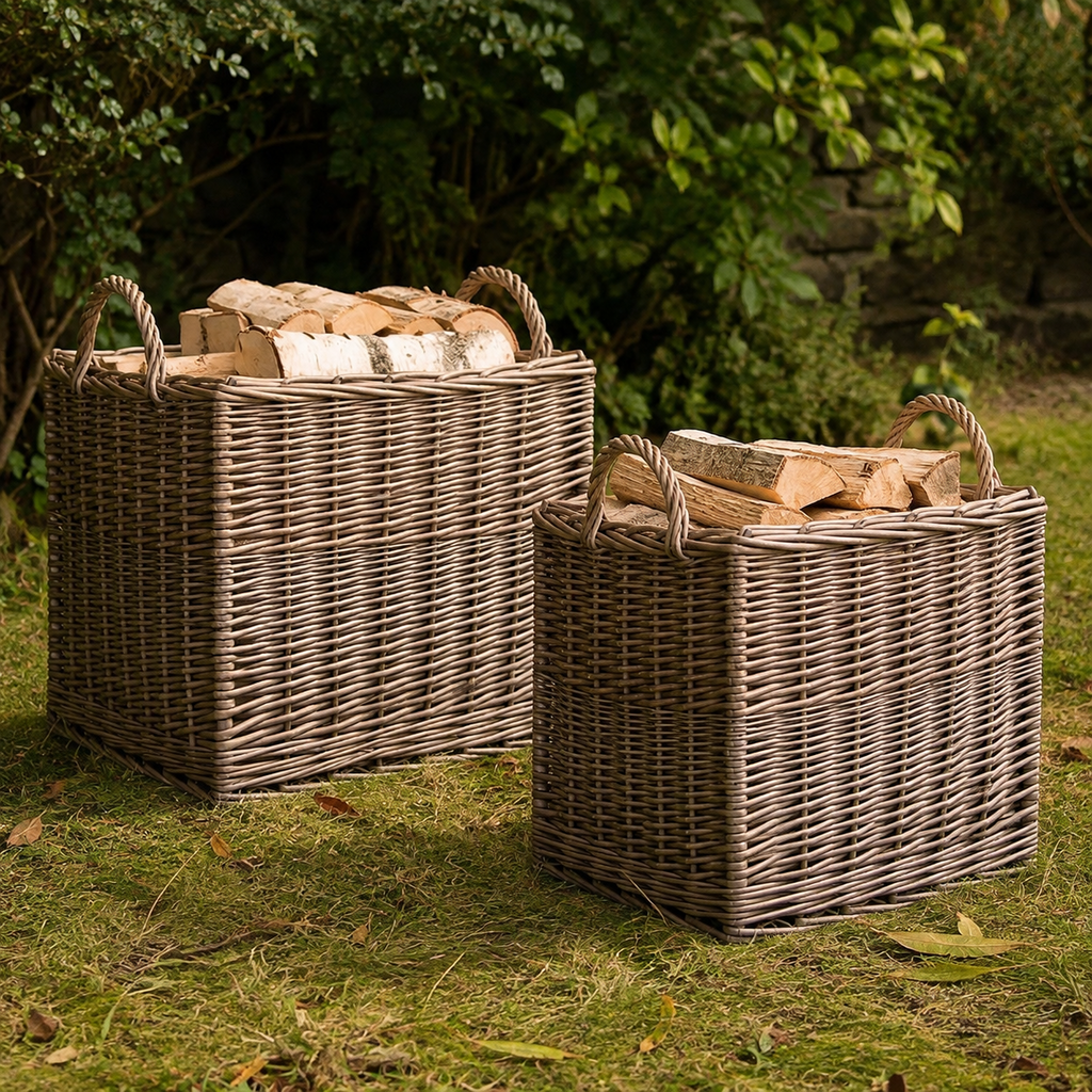 Two lined wicker log baskets styled outdoors with stacked firewood