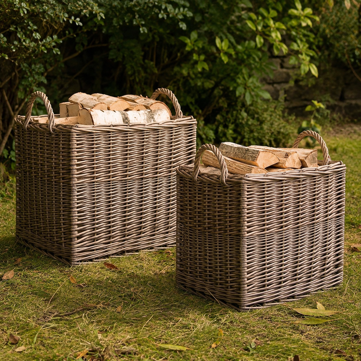Two lined wicker log baskets styled outdoors with stacked firewood