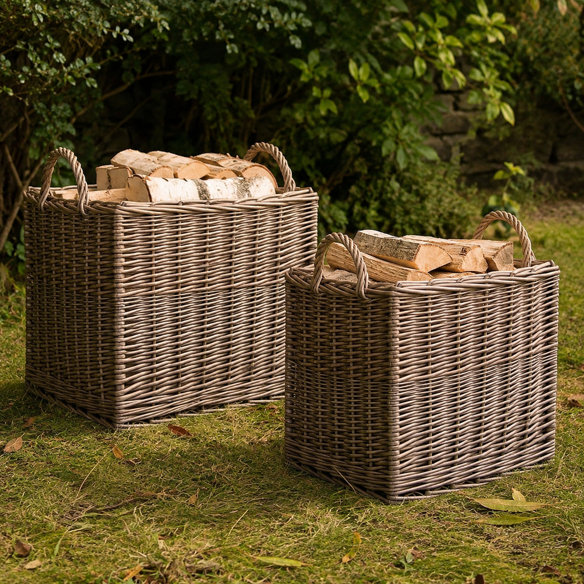 Two lined wicker log baskets styled outdoors with stacked firewood