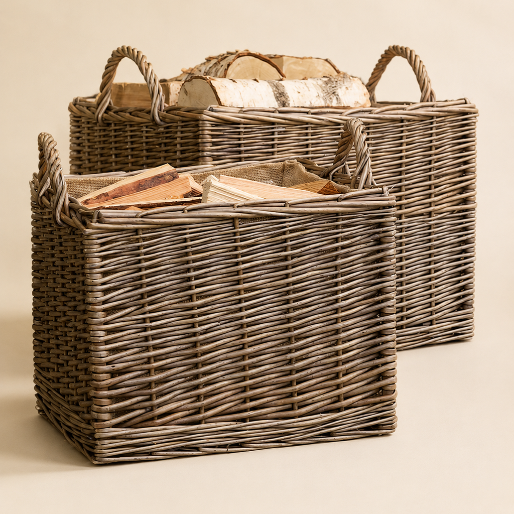 Lined willow log basket set of 2 on a neutral Nestria background