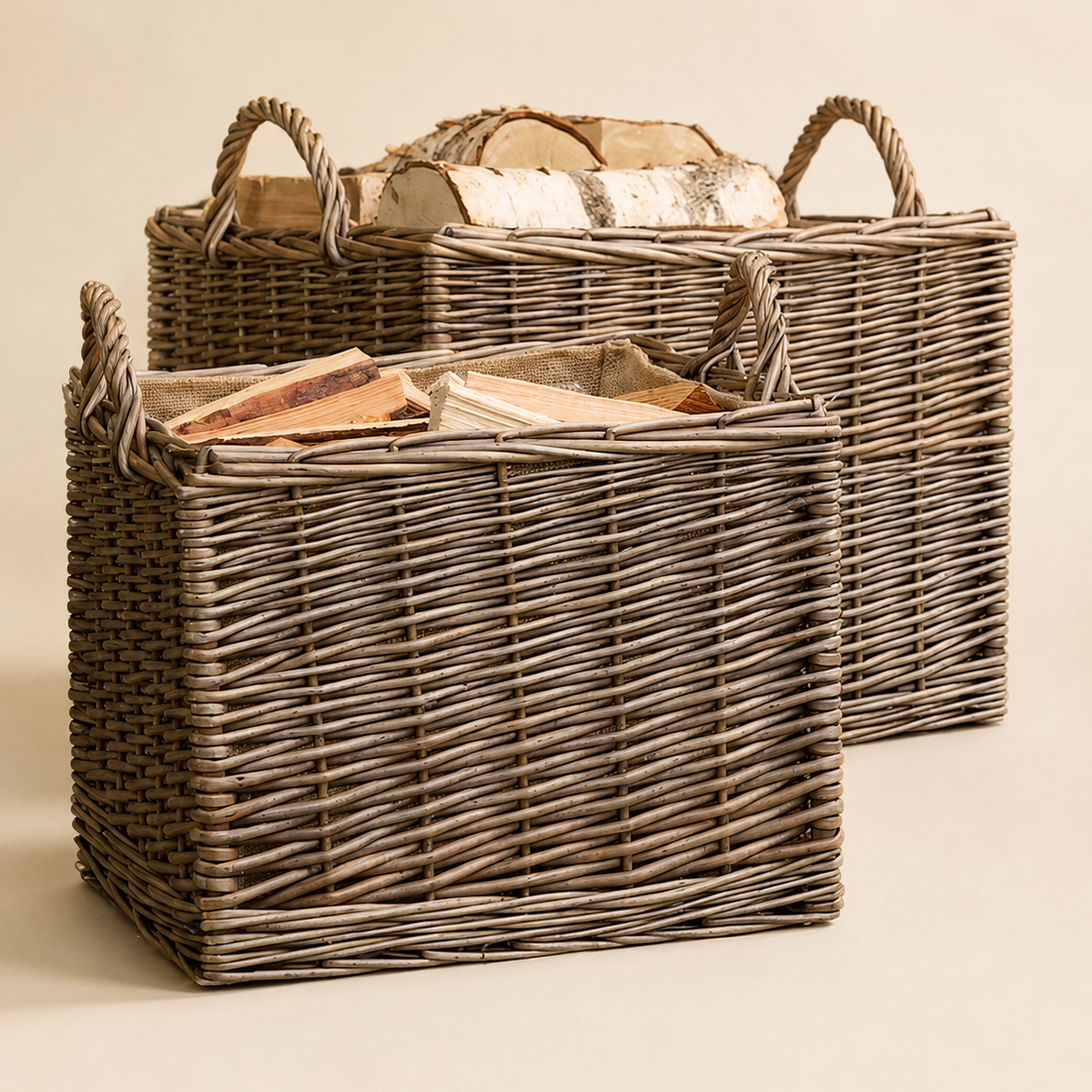 Lined willow log basket set of 2 on a neutral Nestria background