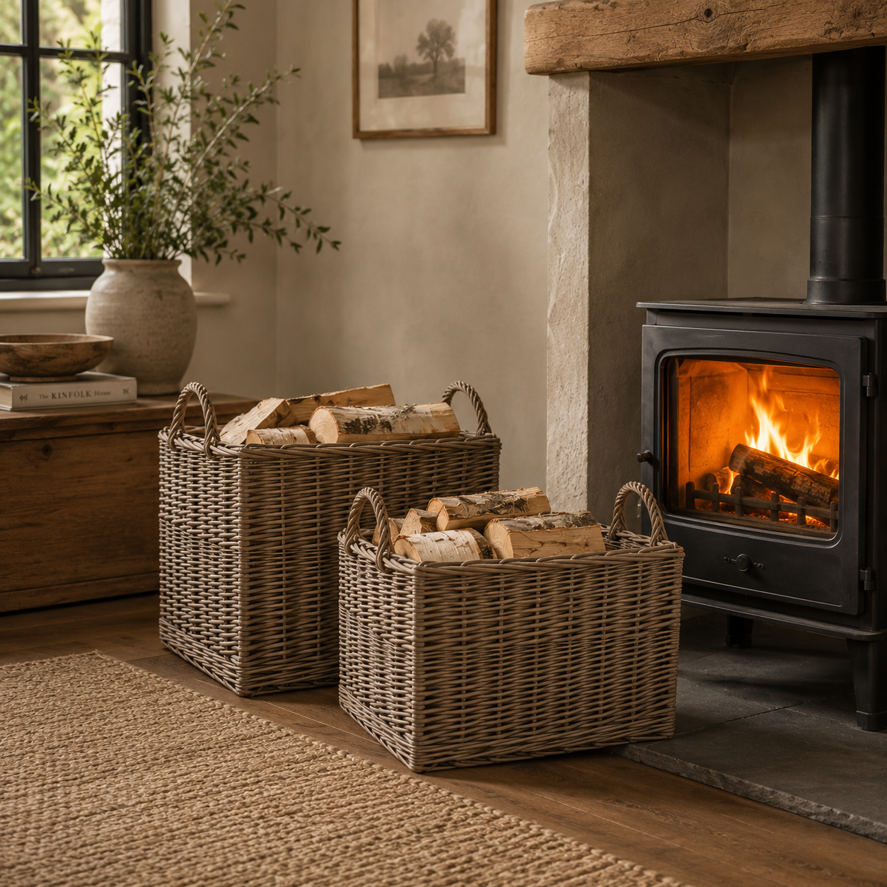 Set of 2 lined wicker log baskets beside a wood-burning stove