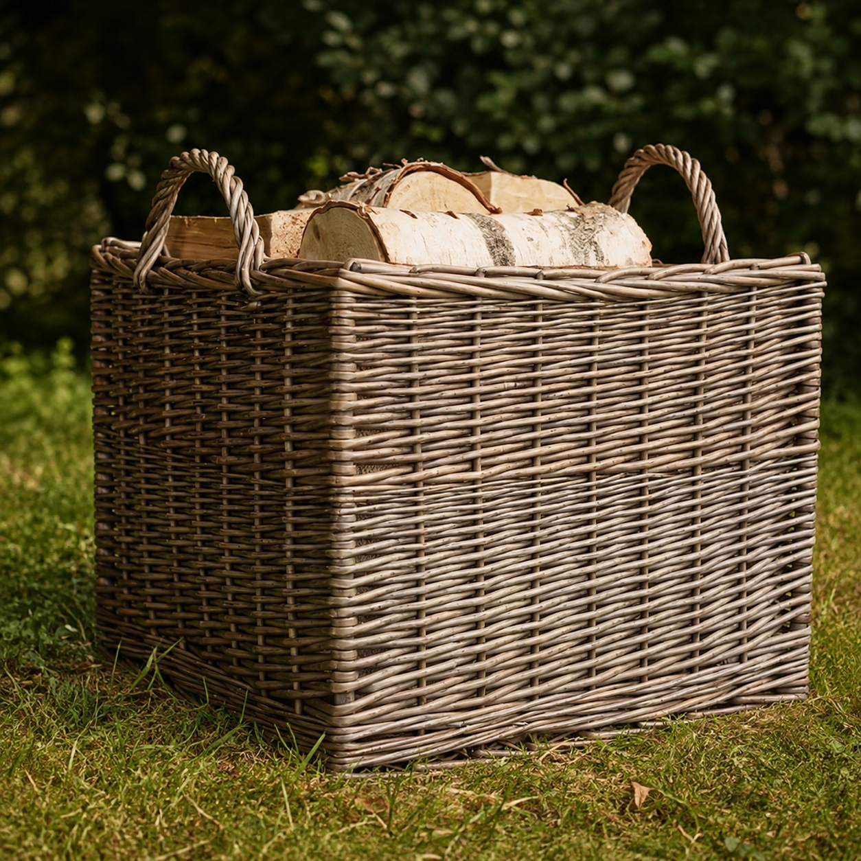 lined wicker log baskets styled outdoors with stacked firewood