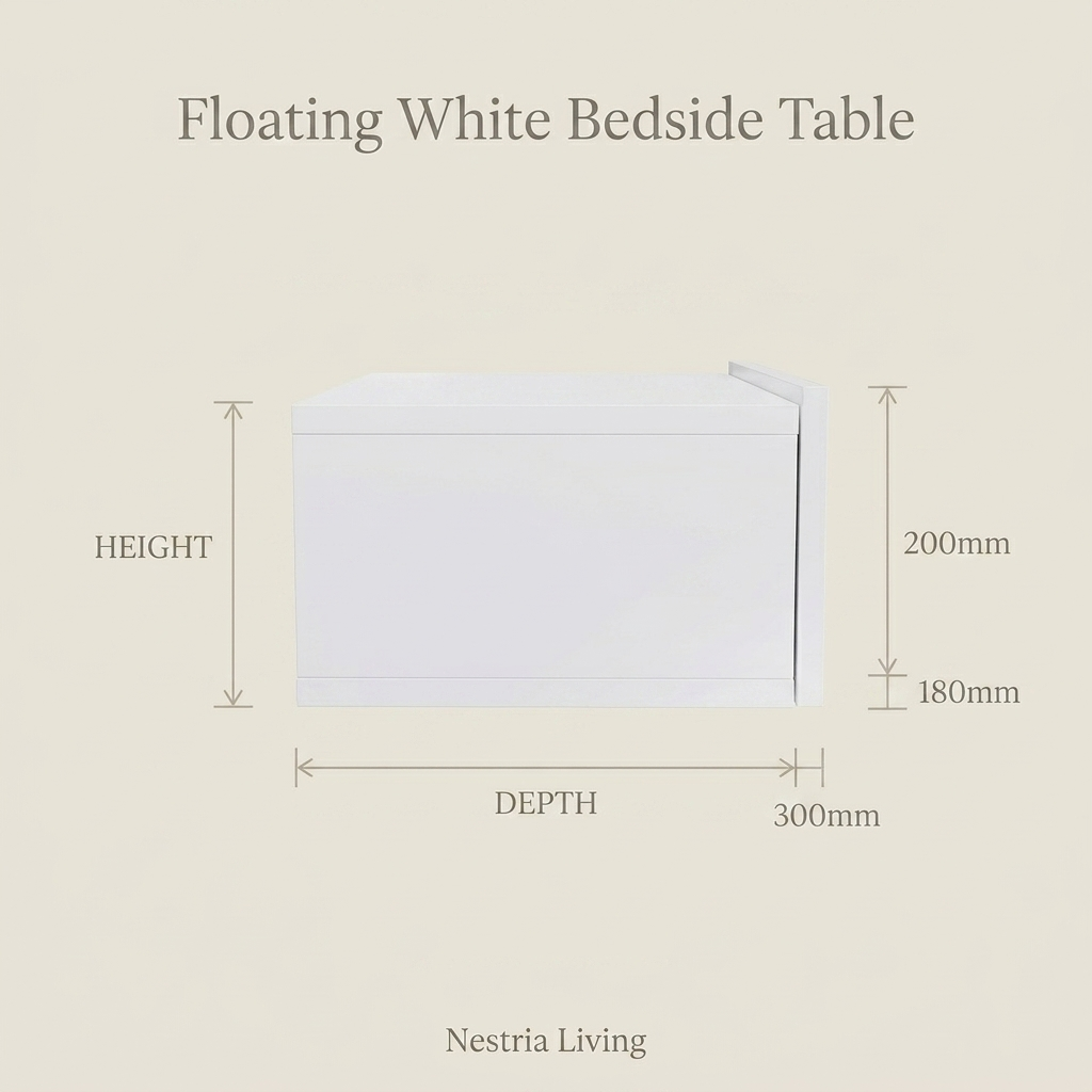 Minimal white wall bedside table, side profile