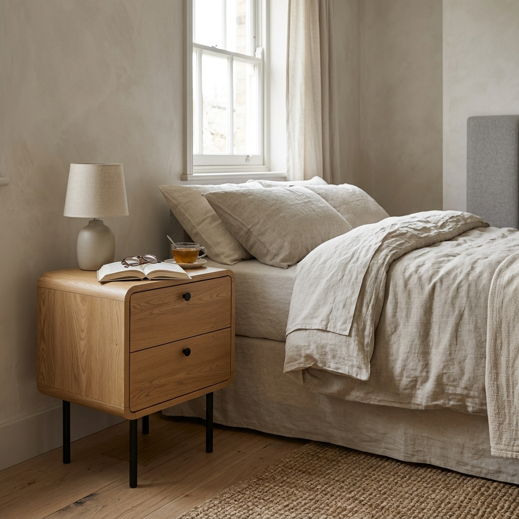 Modern oak bedside table with slim metal legs