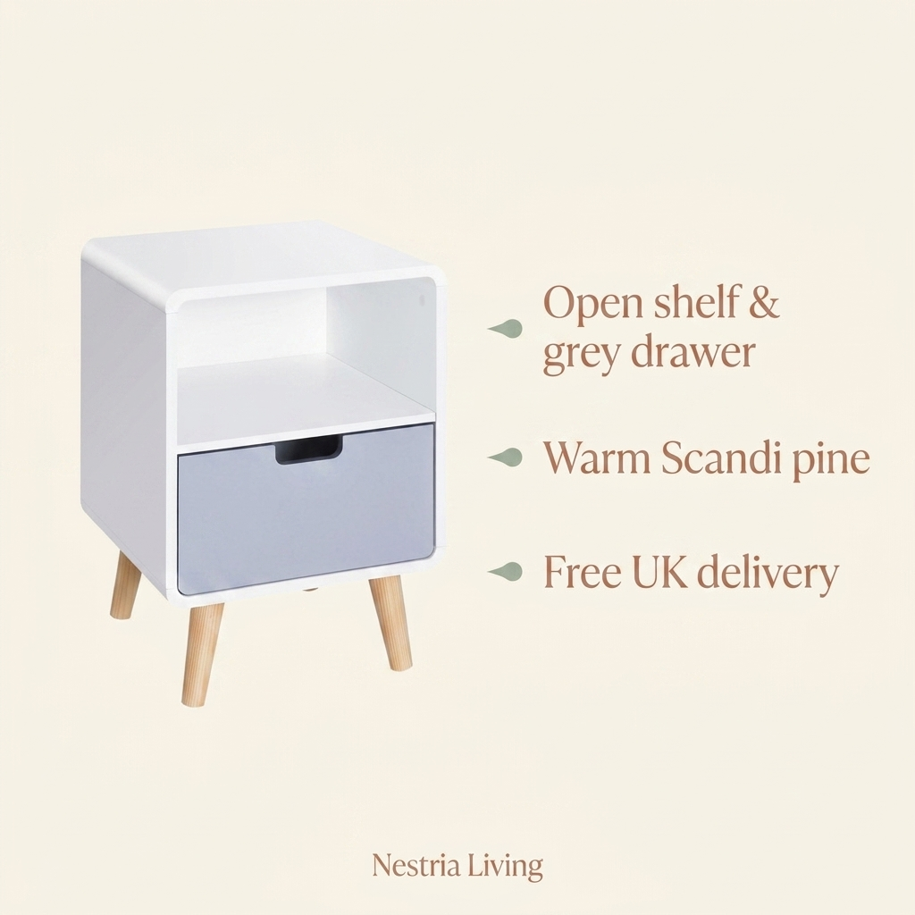 Modern pine bedside table with open shelf, detail
