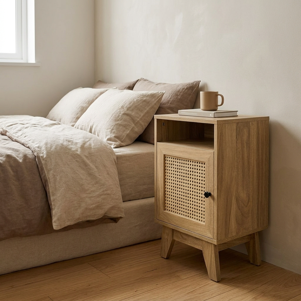 Narrow cane bedside table styled beside a bed