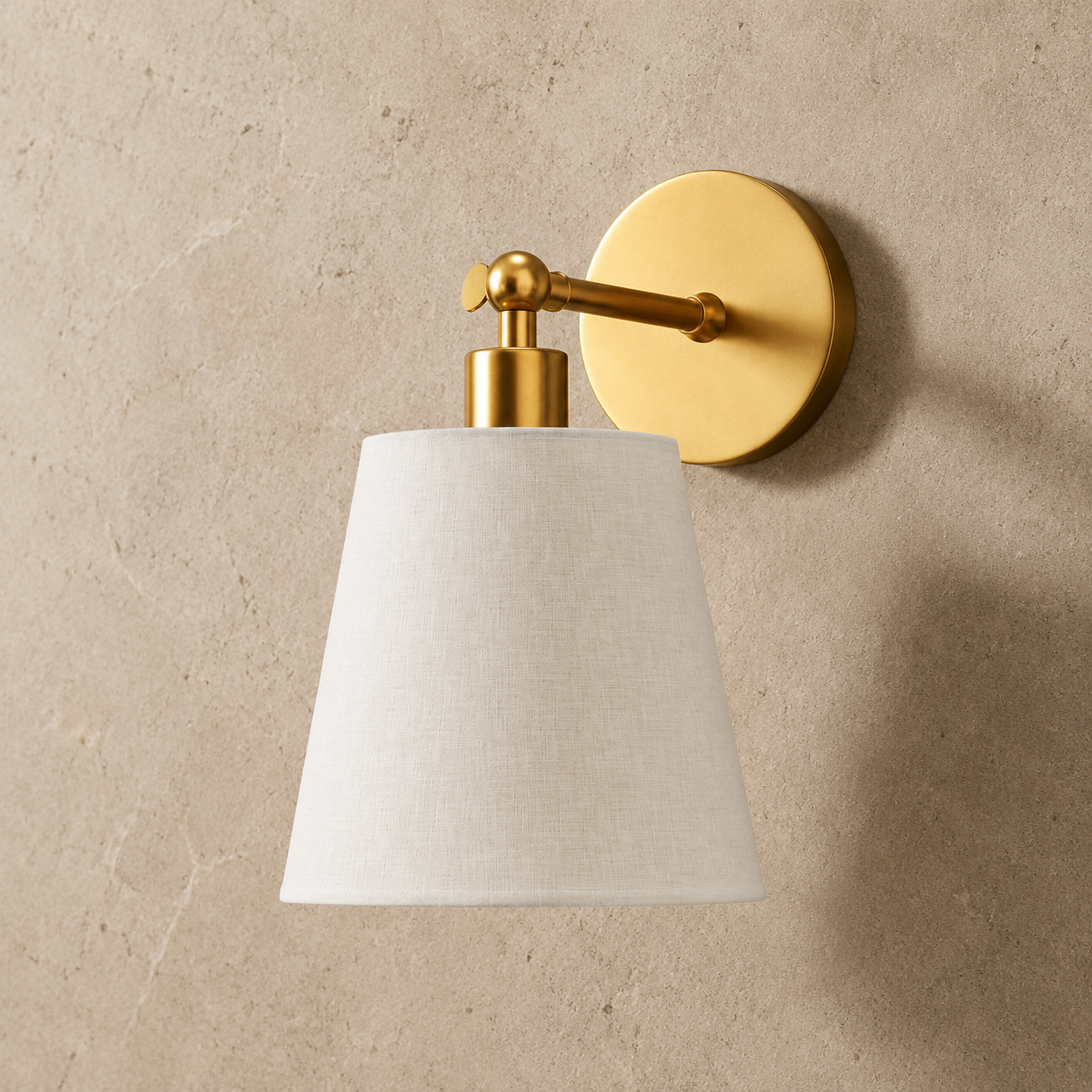 Gold wireless wall light with tapered ivory fabric shade