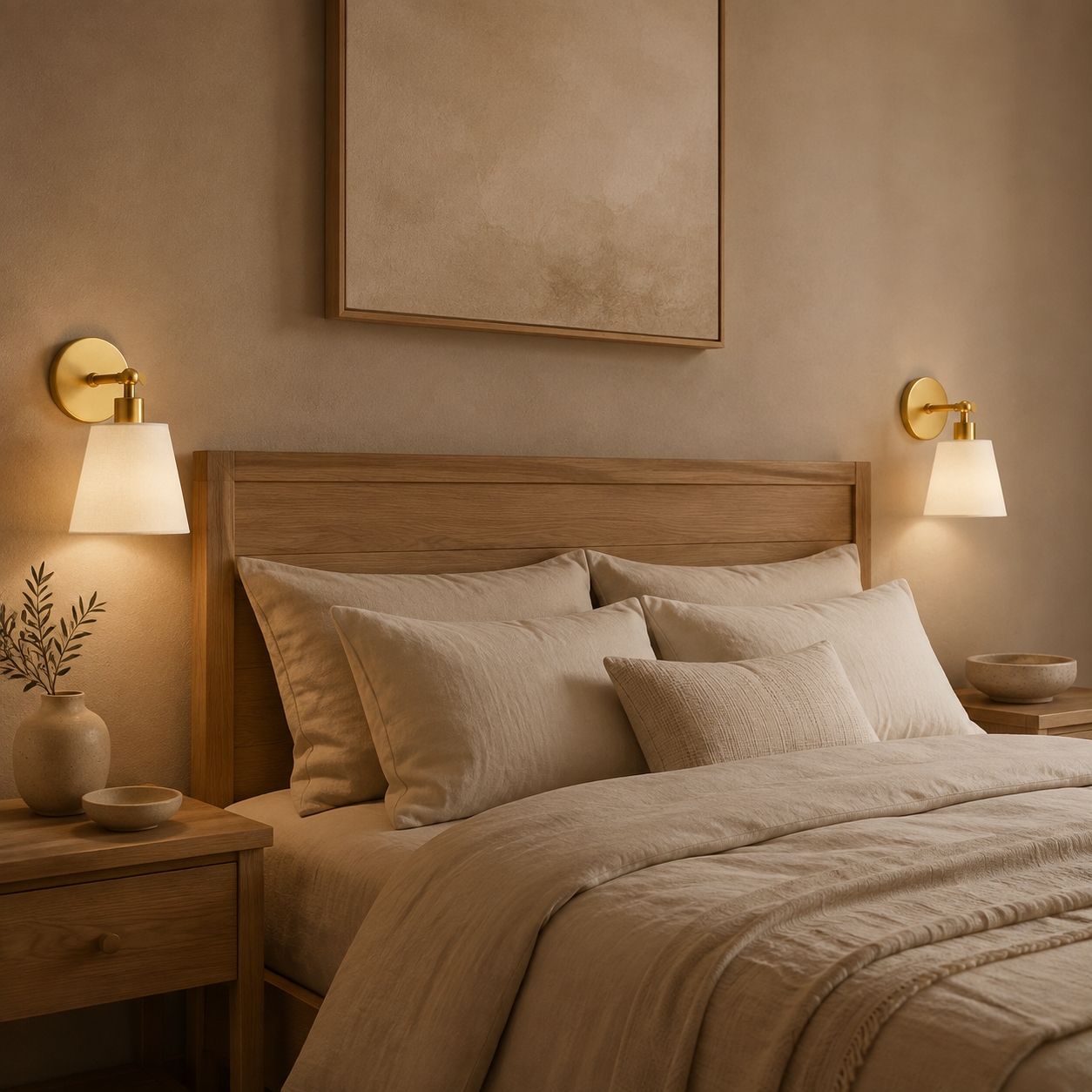 Gold and ivory wireless wall lights mounted beside a natural oak bed