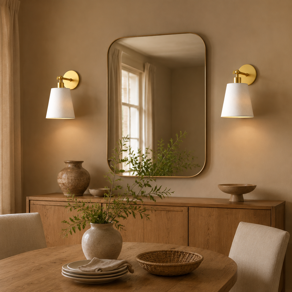 Gold and ivory wireless wall lights styled in a warm neutral dining room