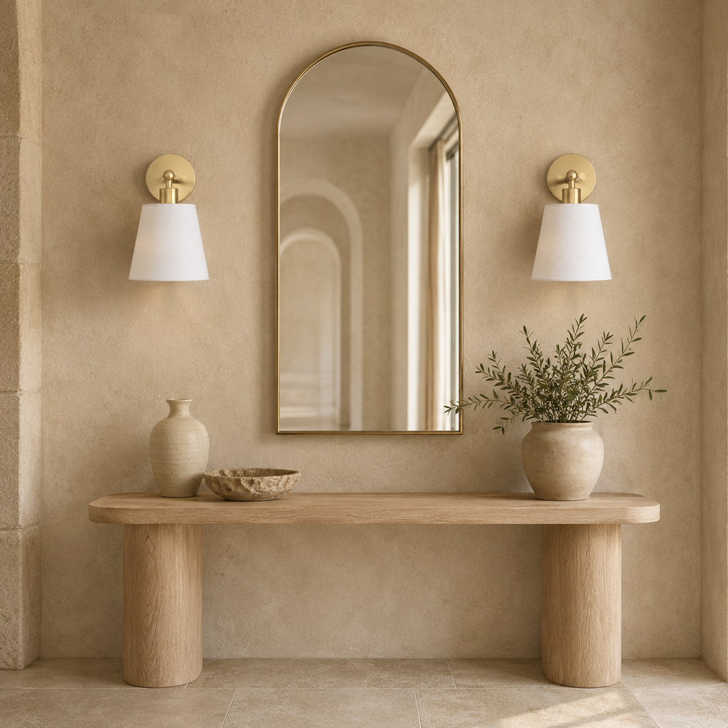 Natural ivory wireless wall lights flanking an arched hallway mirror
