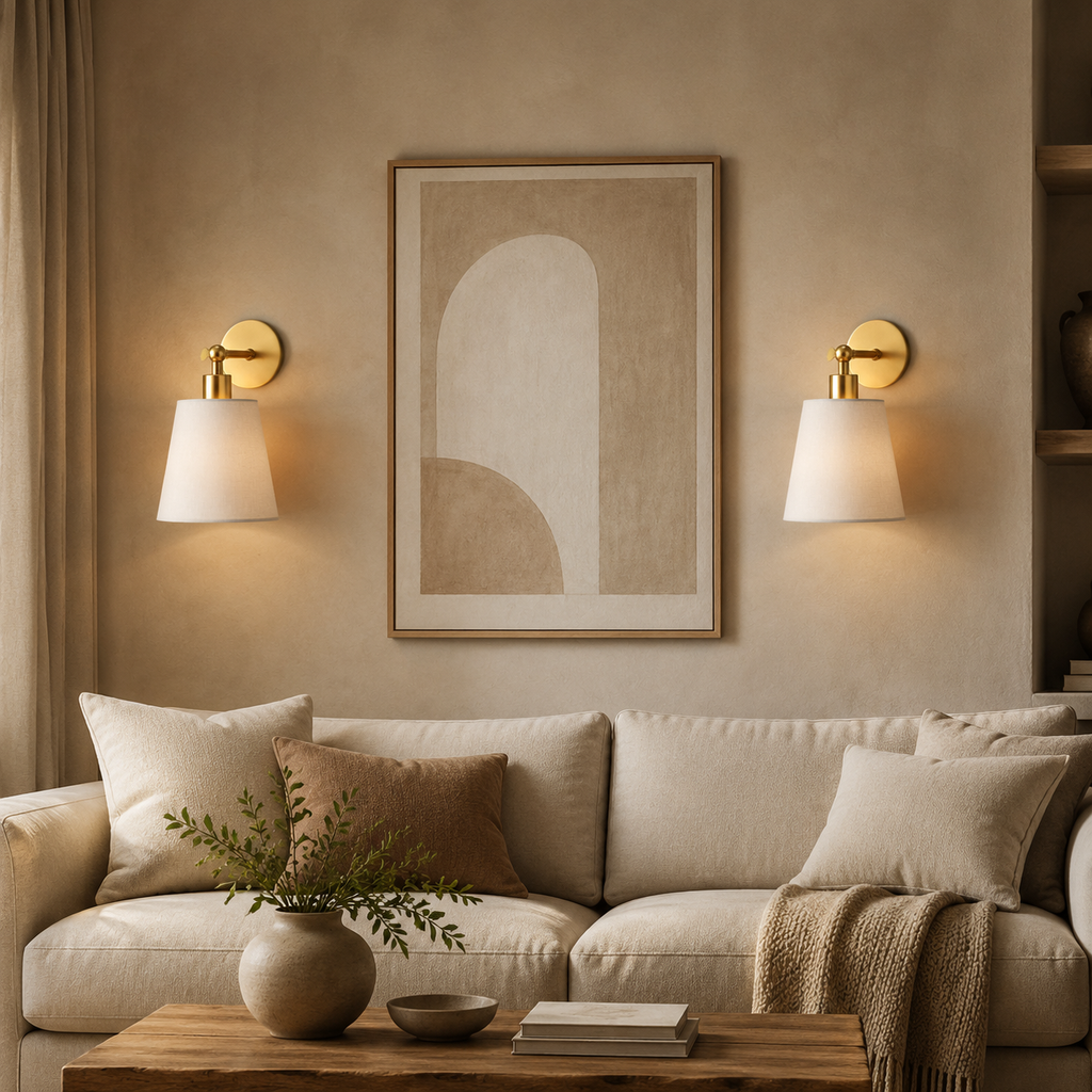Natural ivory wireless wall lights in a warm neutral living room