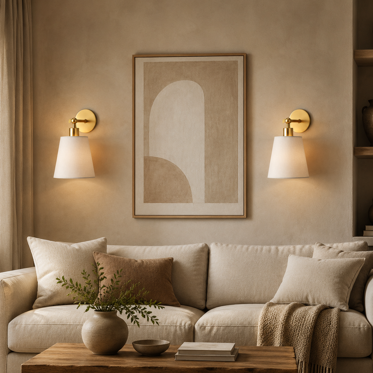 Natural ivory wireless wall lights in a warm neutral living room