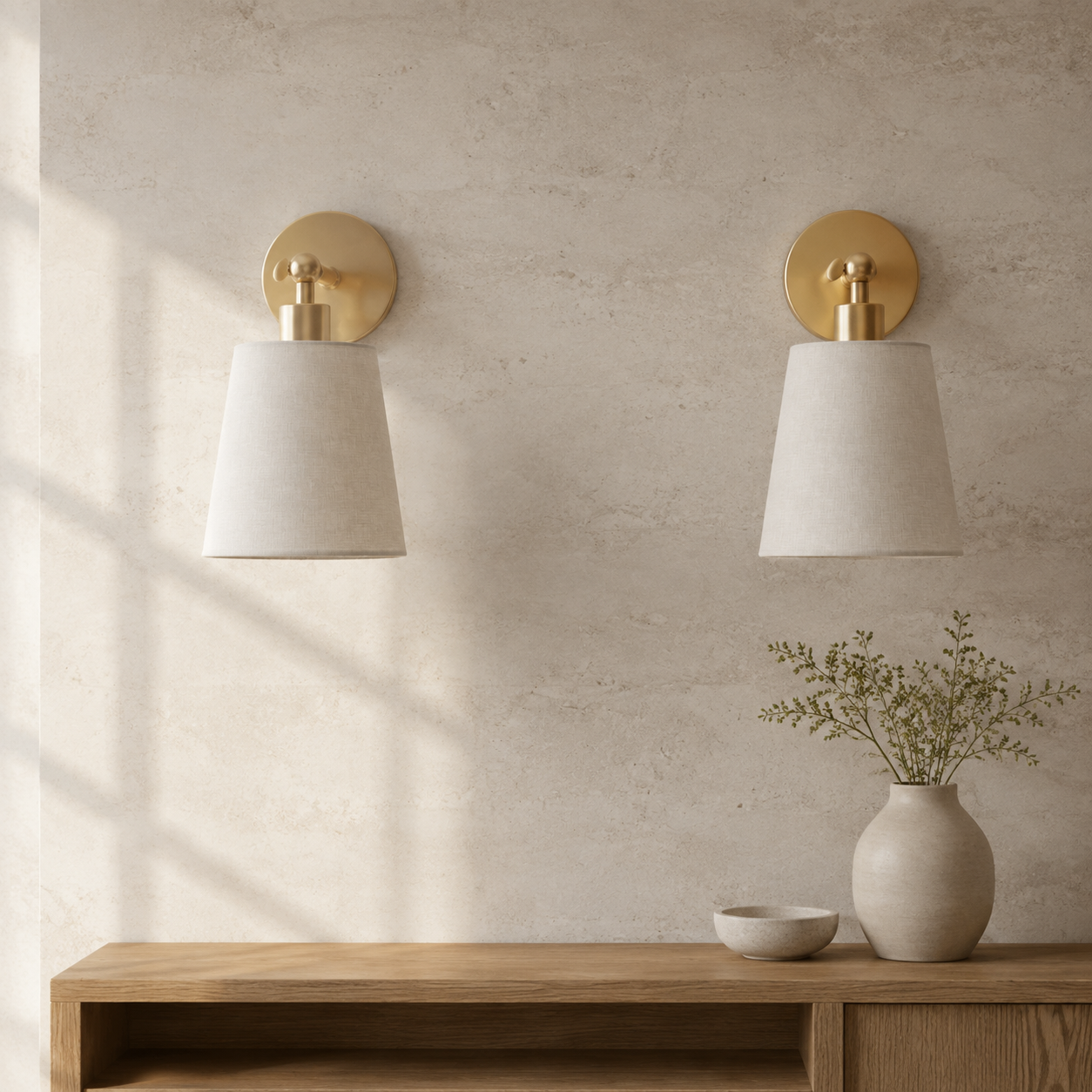 Pair of natural ivory wireless wall lights in soft daylight