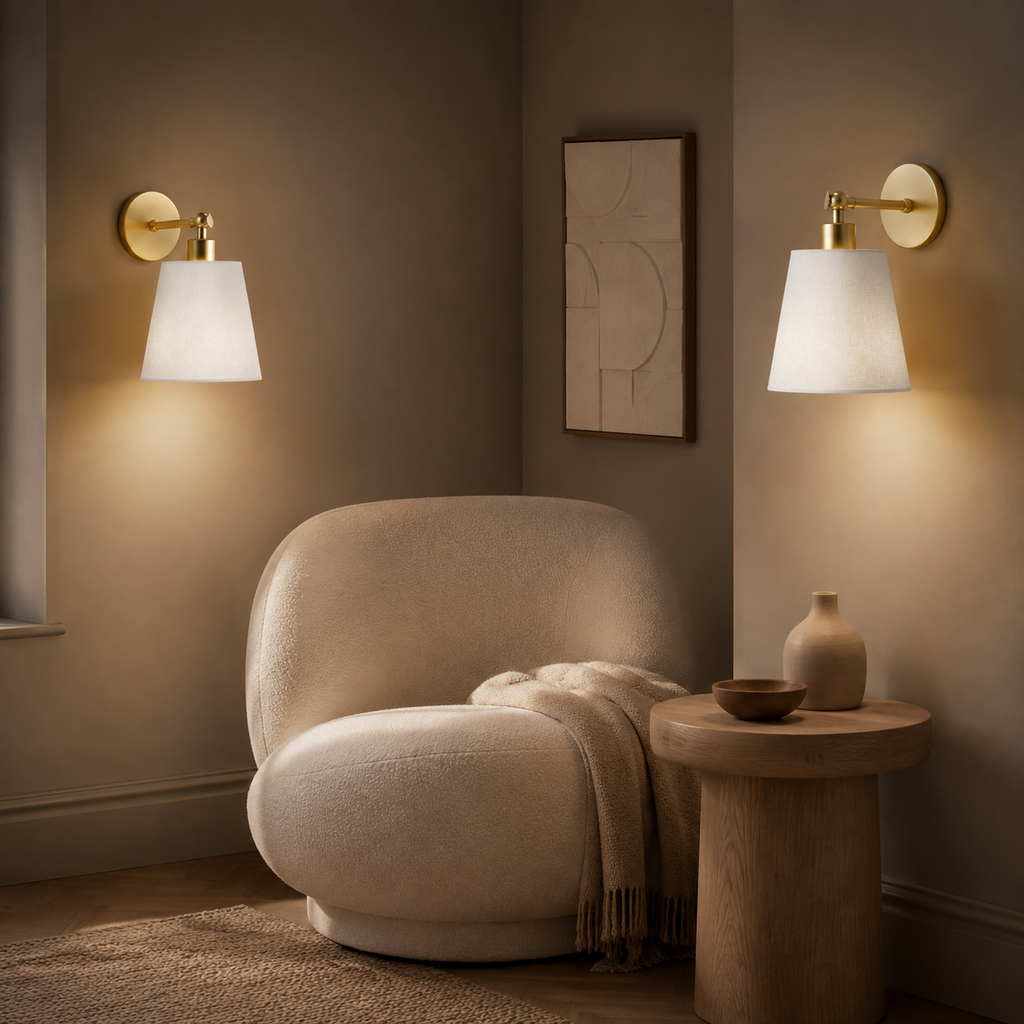 Natural ivory wireless wall lights illuminating a cosy reading nook