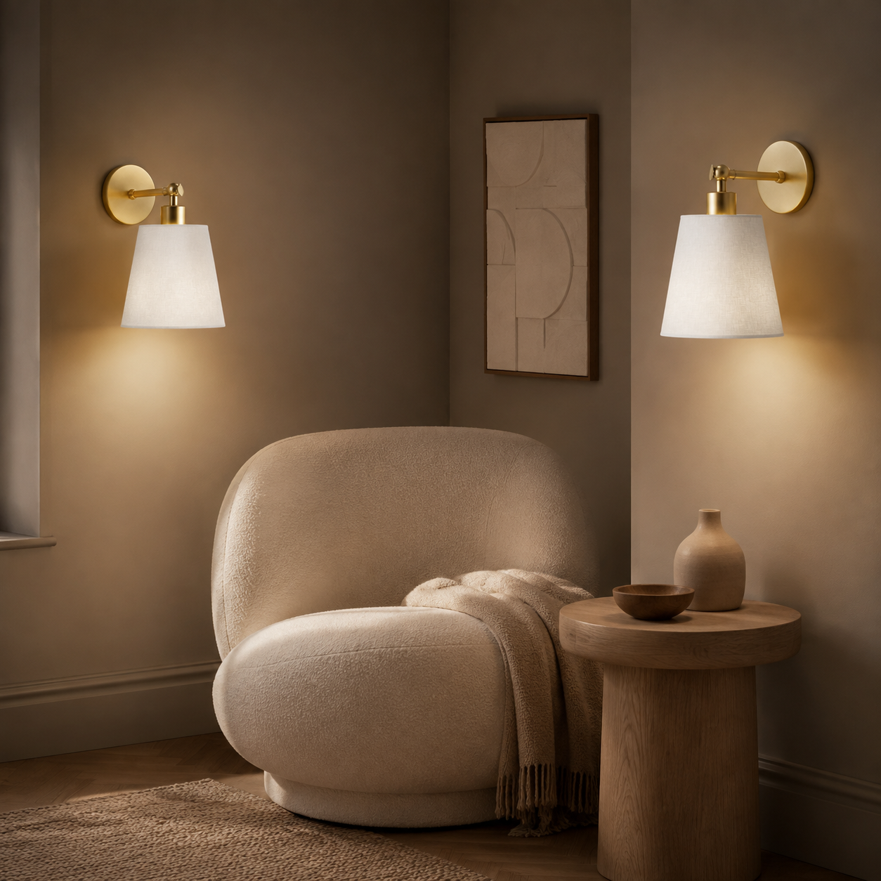 Natural ivory wireless wall lights illuminating a cosy reading nook