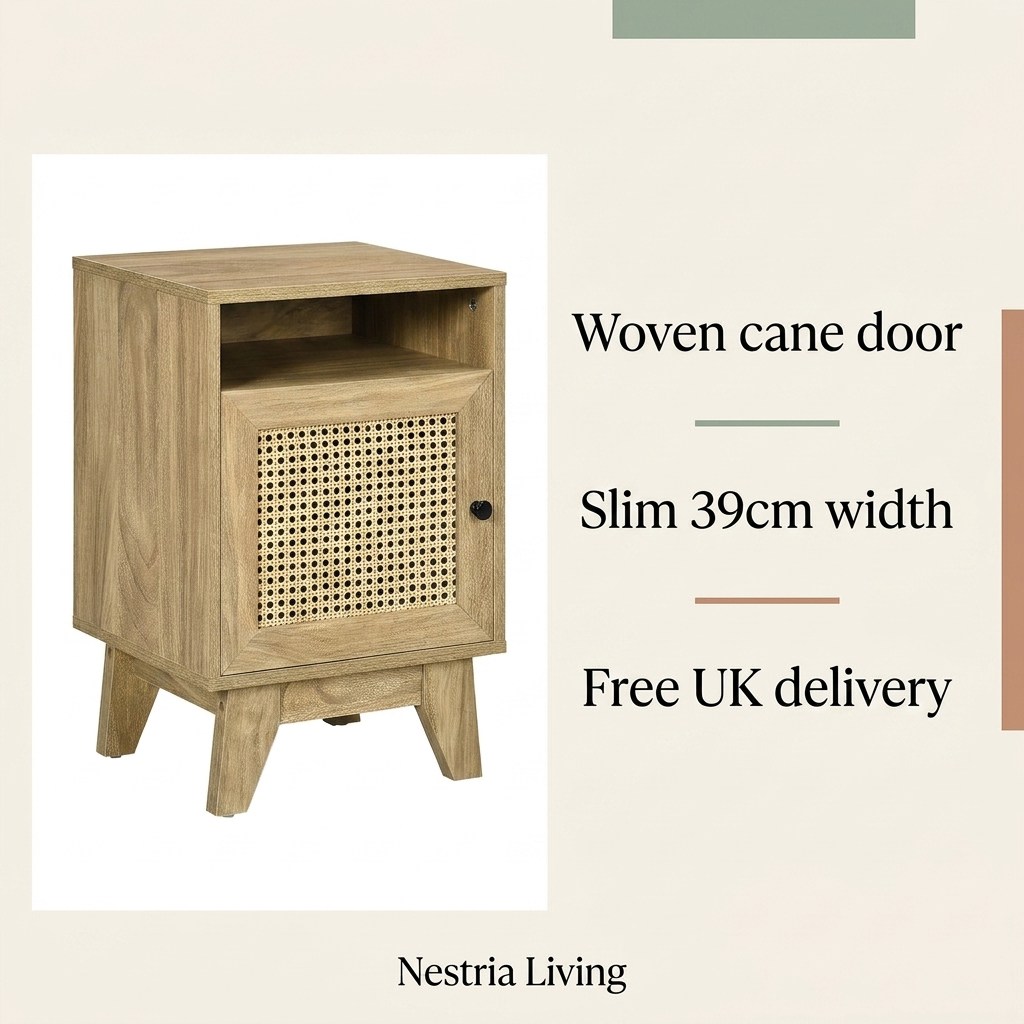 Natural narrow rattan bedside table with cane door