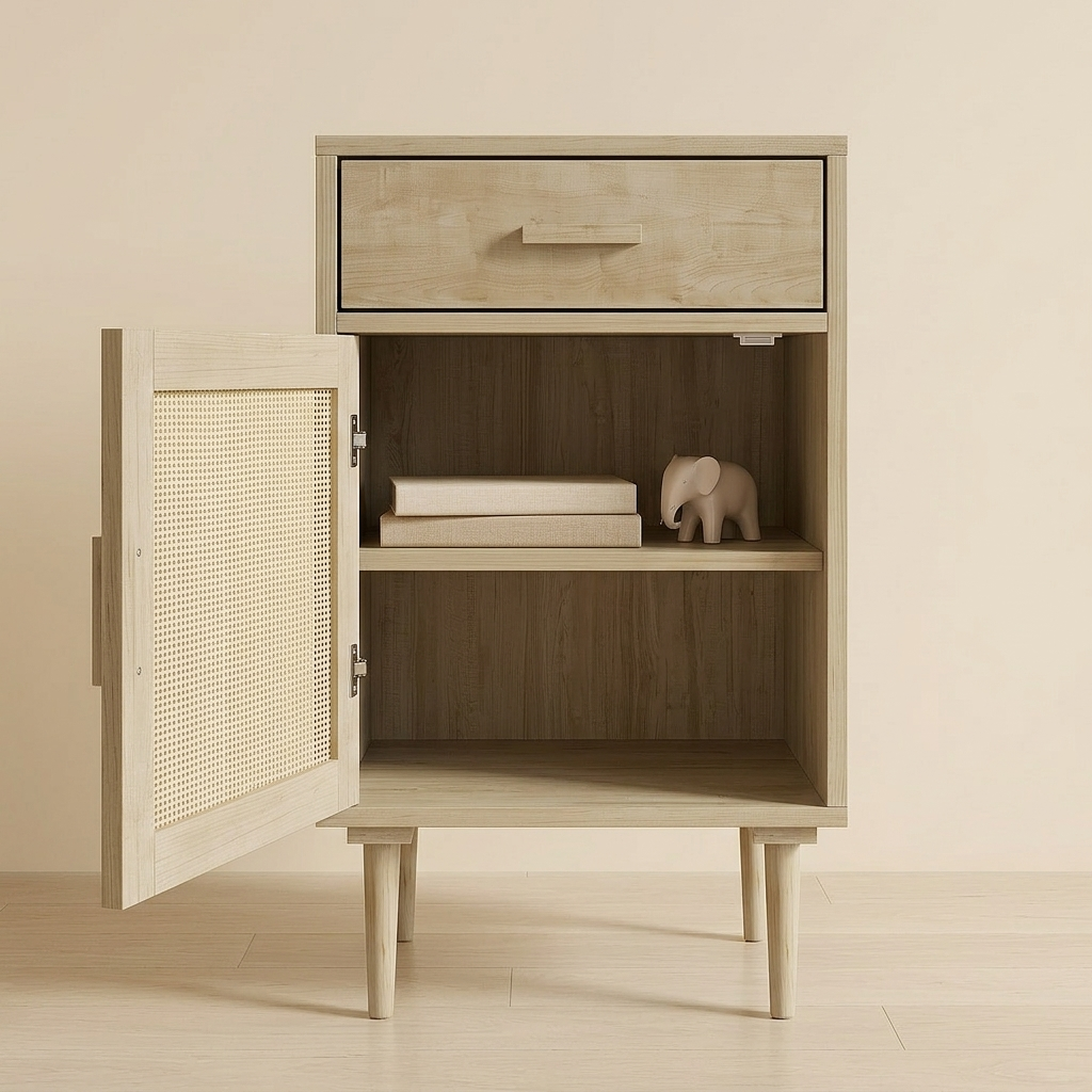 Natural rattan bedside cabinet with open shelves