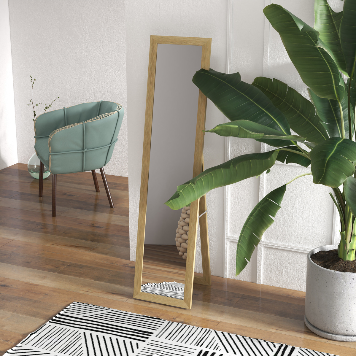 Natural wood-effect floor mirror in a bright living room