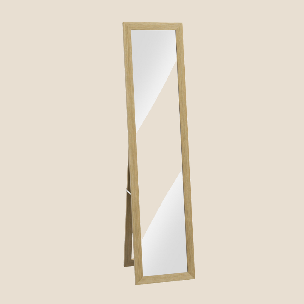 Natural wood-effect full-length mirror with freestanding support