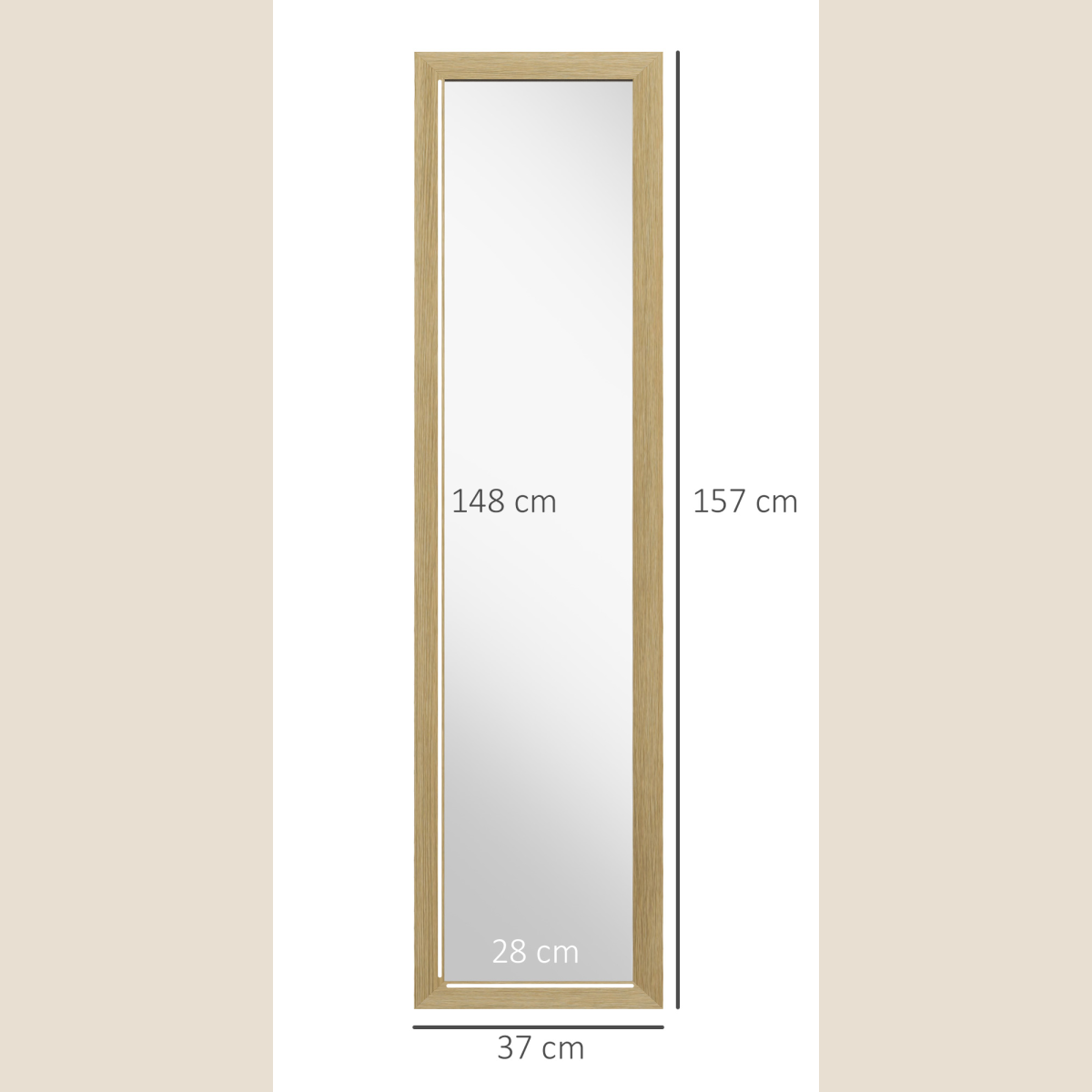 Front dimensions of natural wood full-length mirror