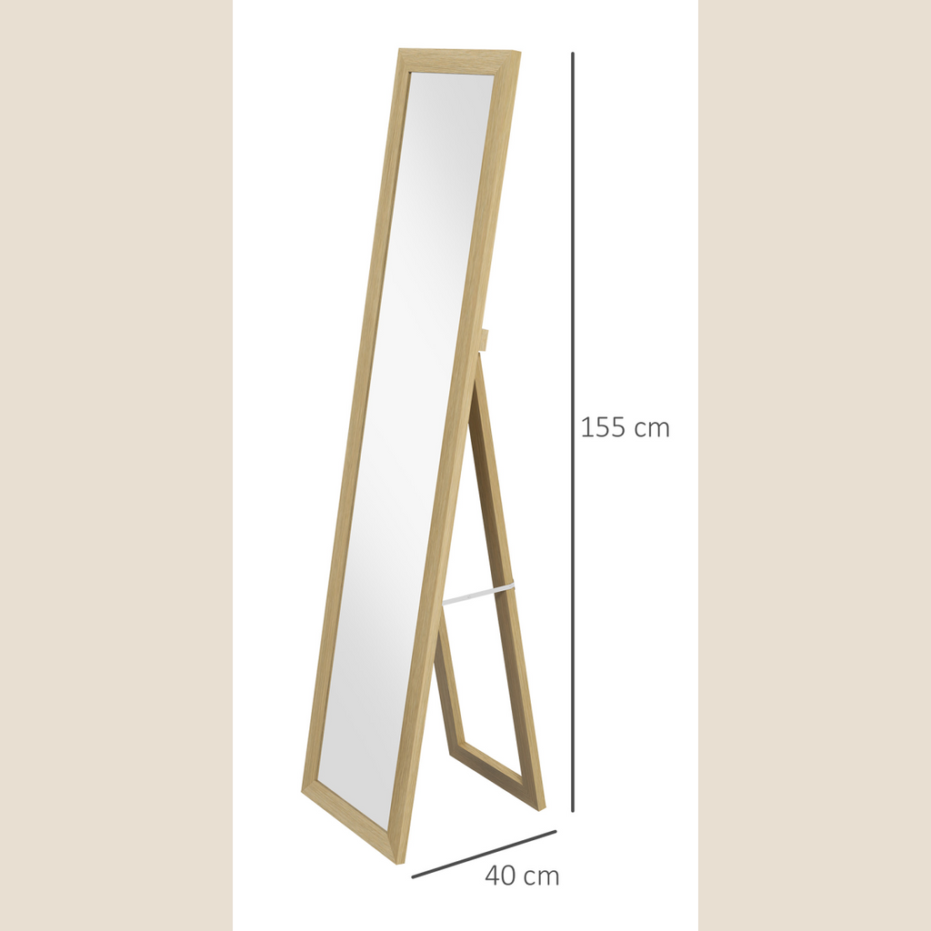 Freestanding dimensions of natural wood full-length mirror