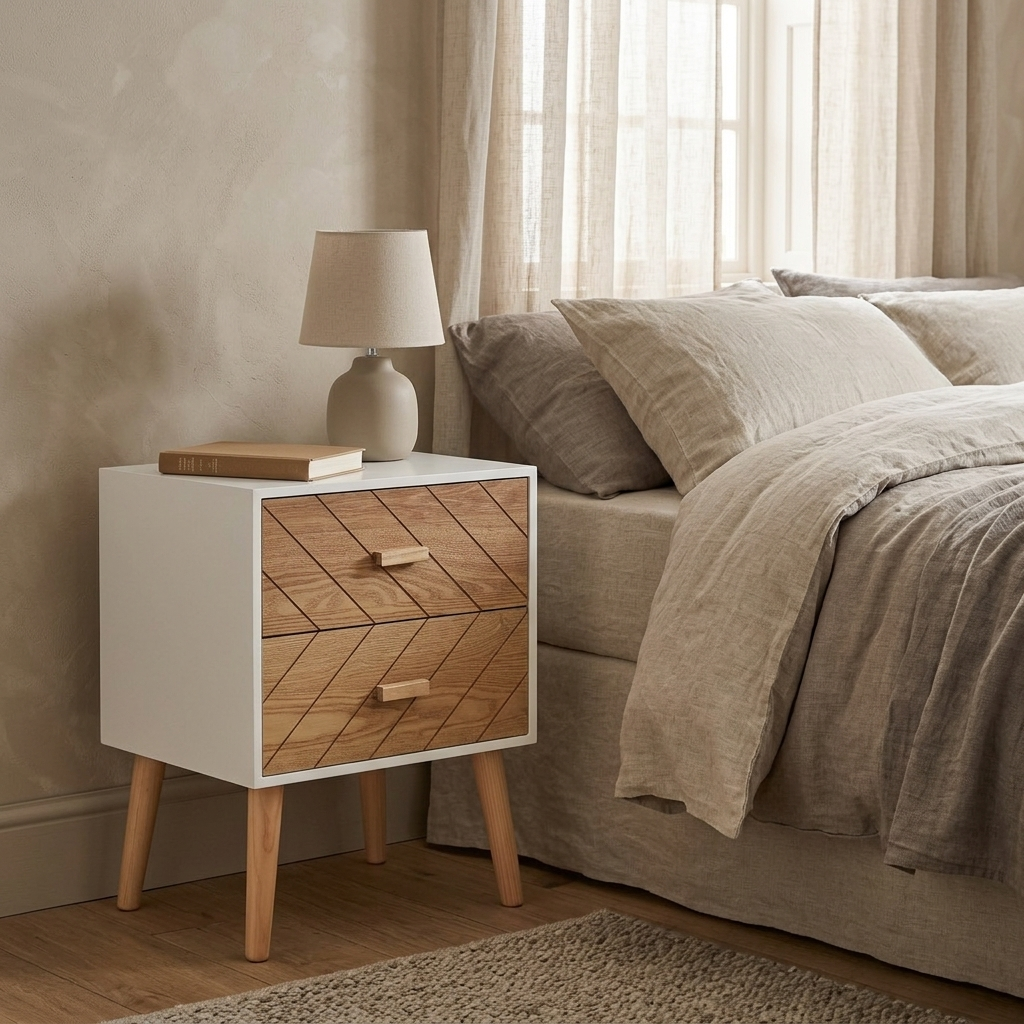 Natural-wood nightstand with pine legs in a bedroom
