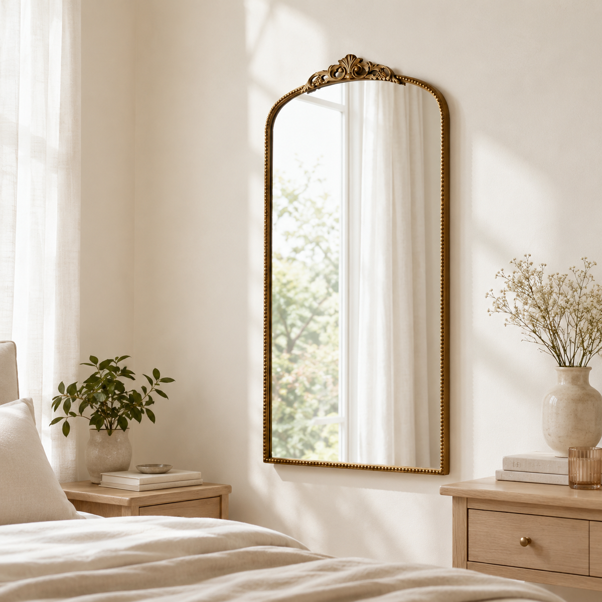 Gold arched wall mirror 106 x 61cm with distressed antique style finish