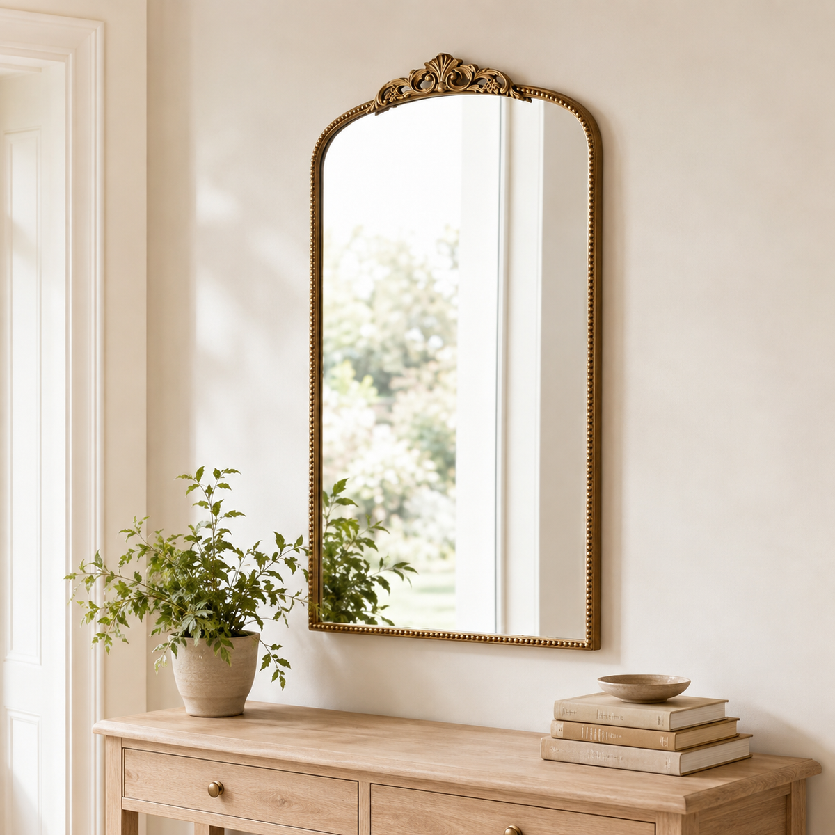 Large ornate gold arch wall mirror styled in a warm neutral interior