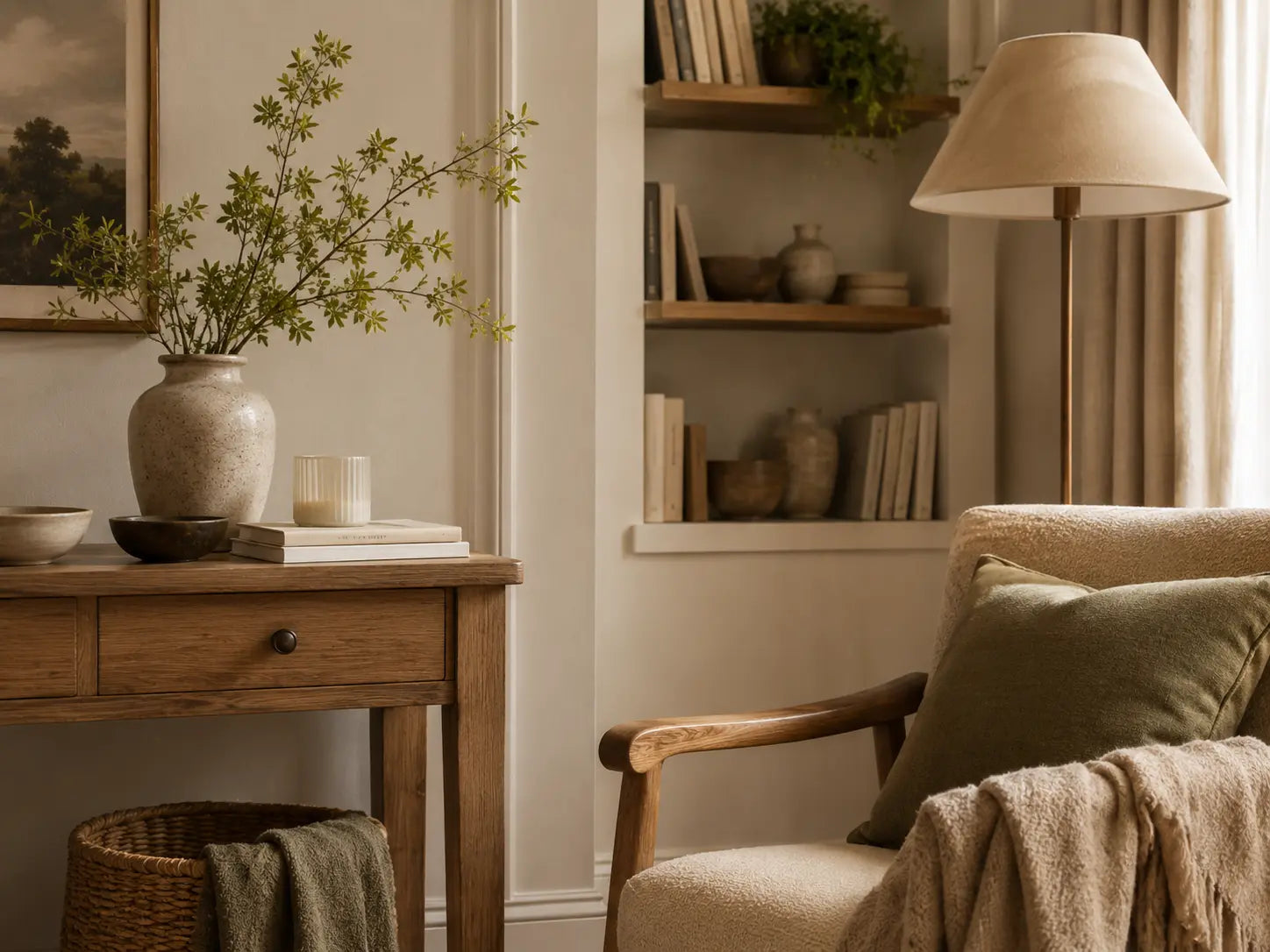 Calm home corner with warm wood, ceramic vase, books, soft textiles and natural textures.