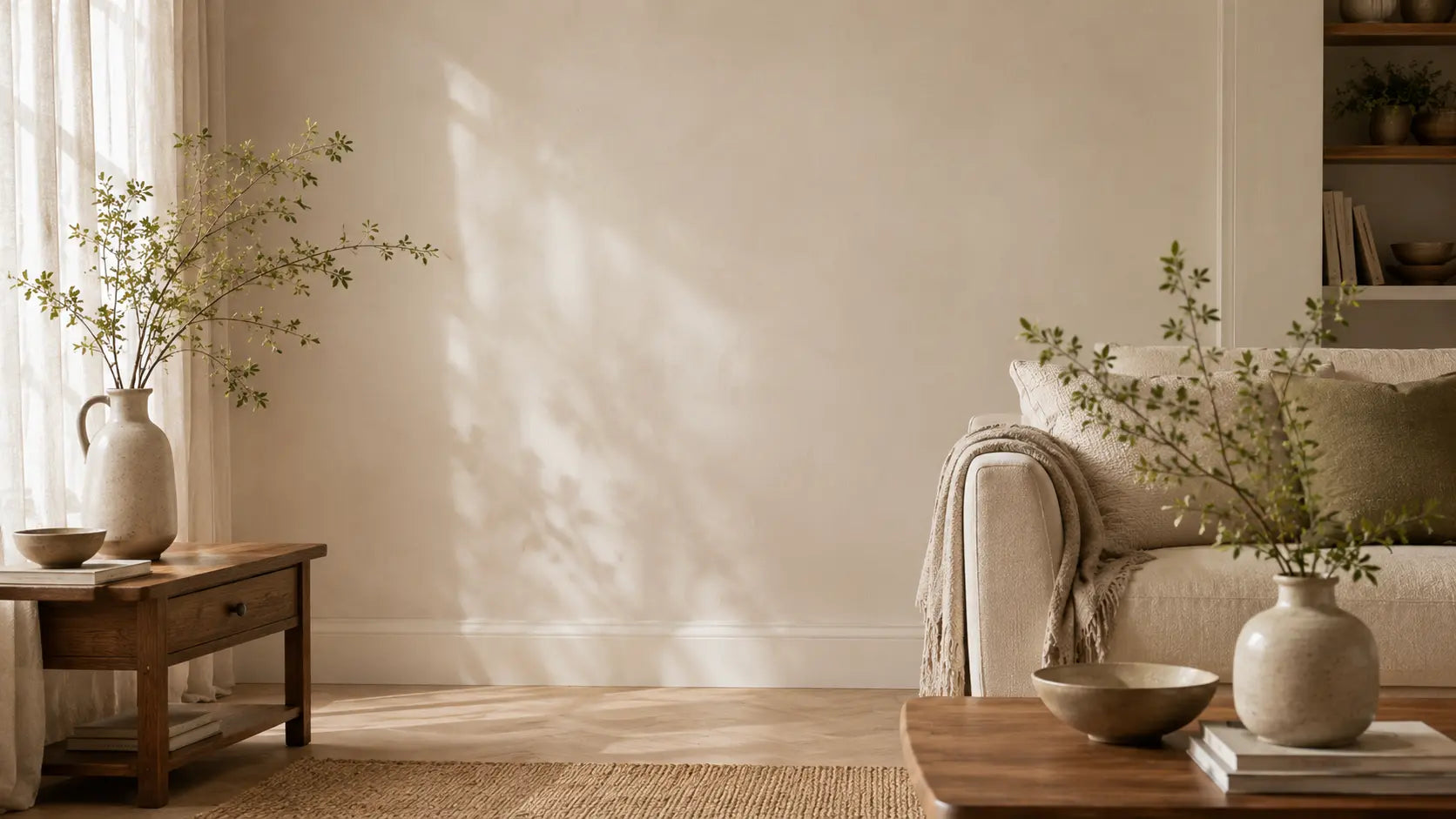Calm neutral living room with natural wood, soft textiles, ceramic decor and gentle daylight.