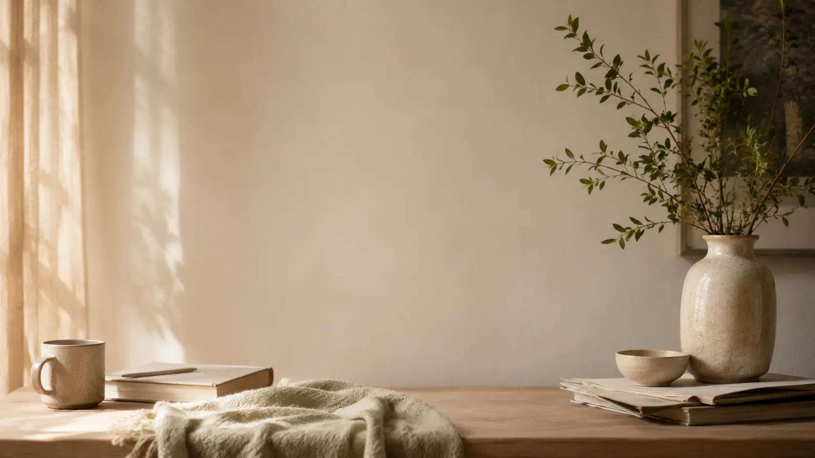 Warm home journal vignette with ceramic mug, soft textile, books, foliage and natural light