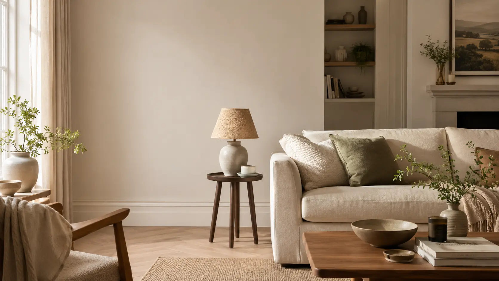 Warm British living room with neutral homeware, natural wood, soft textiles and natural daylight.