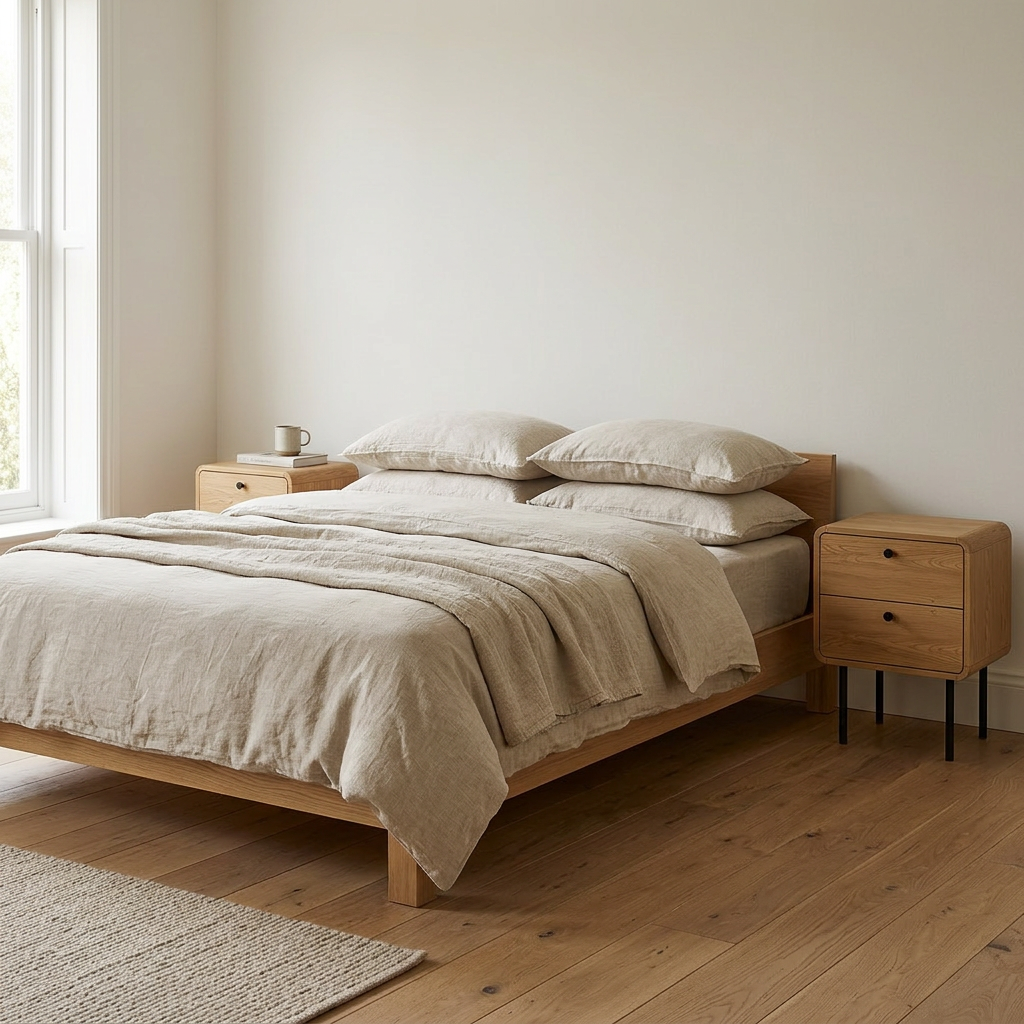 Oak bedside cabinet with drawers, side profile