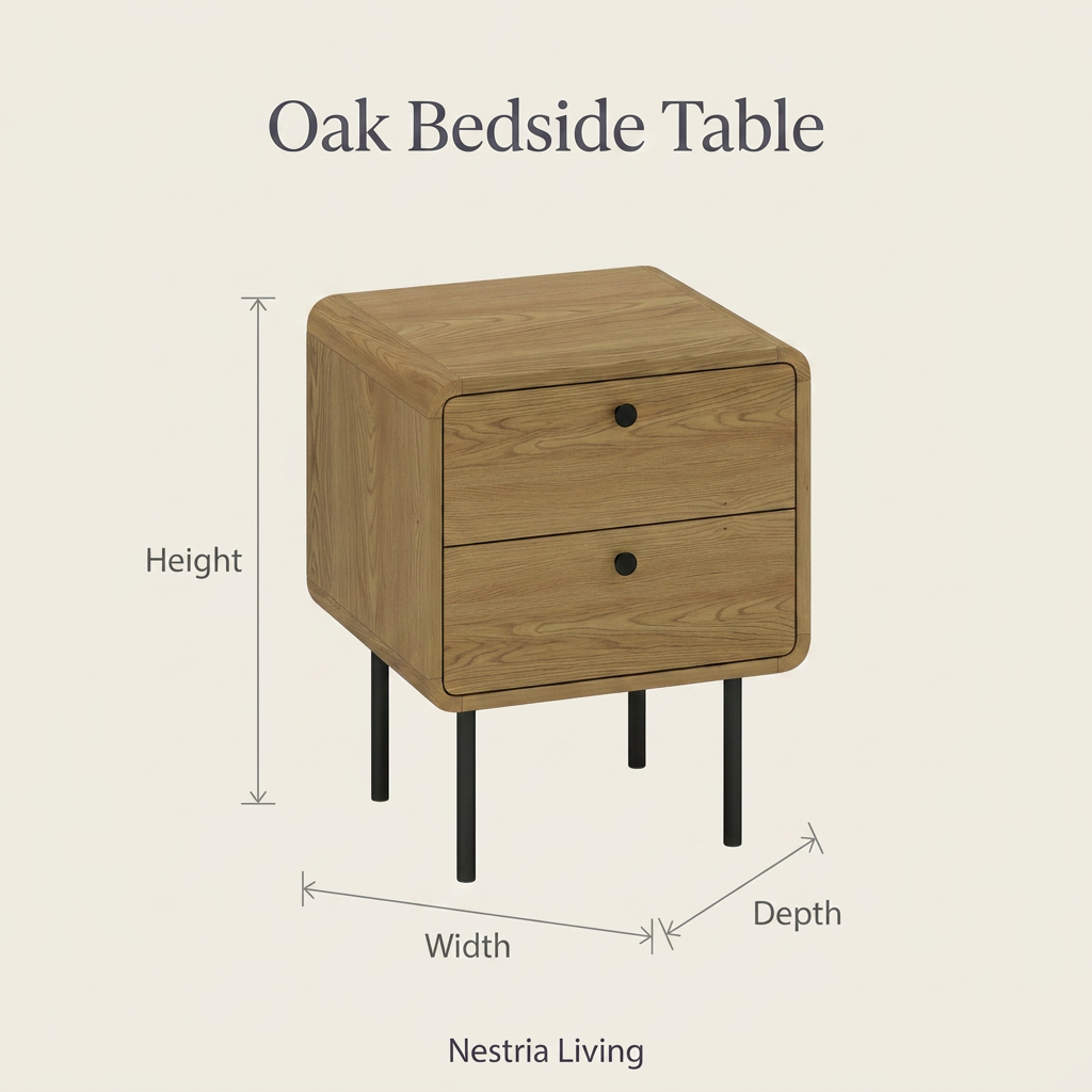 Oak bedside table styled as a pair beside the bed