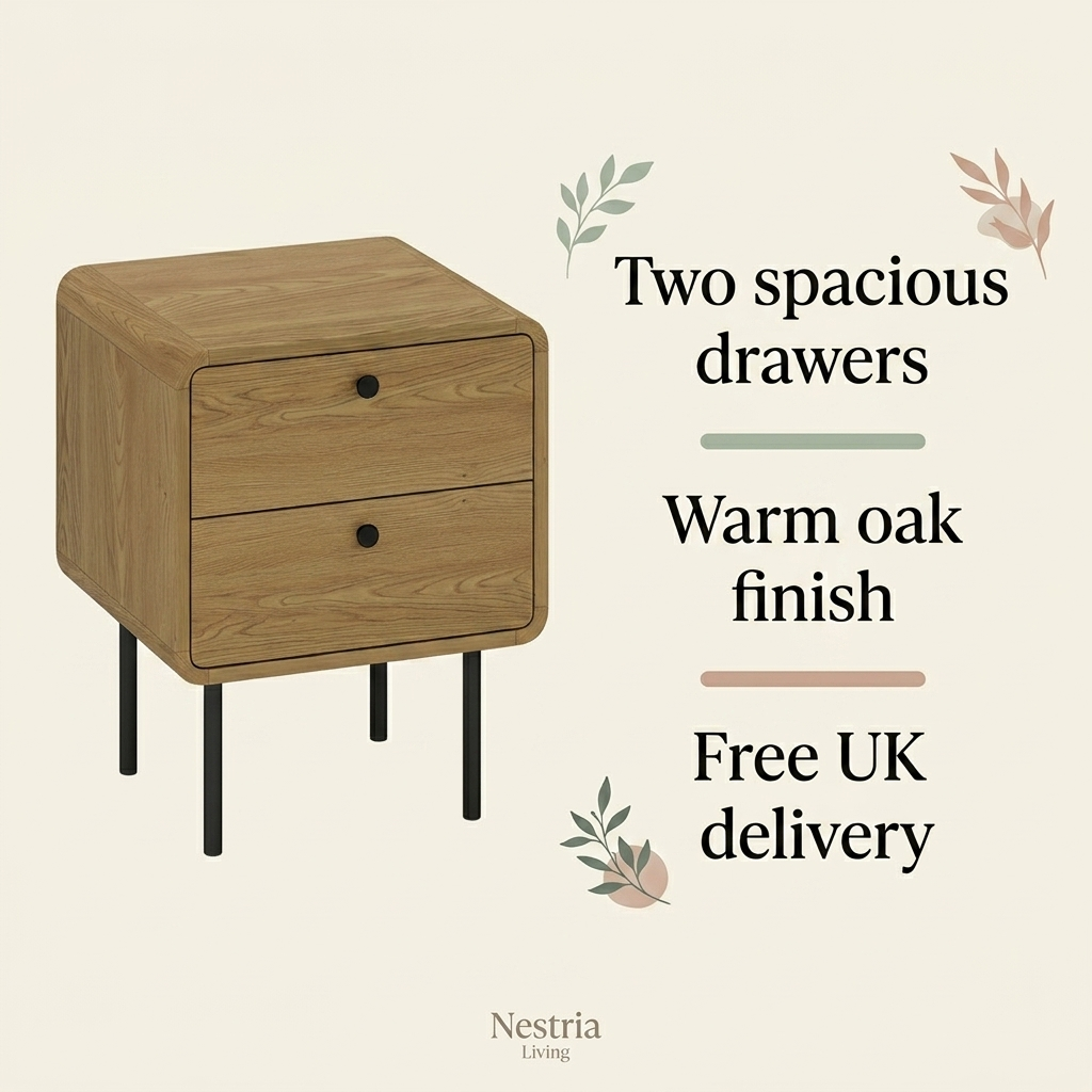 Oak bedside table with two spacious drawers, feature highlights