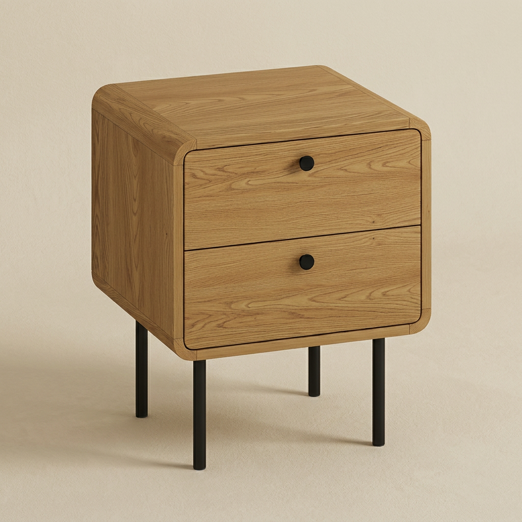 Oak bedside table with two drawers and steel legs