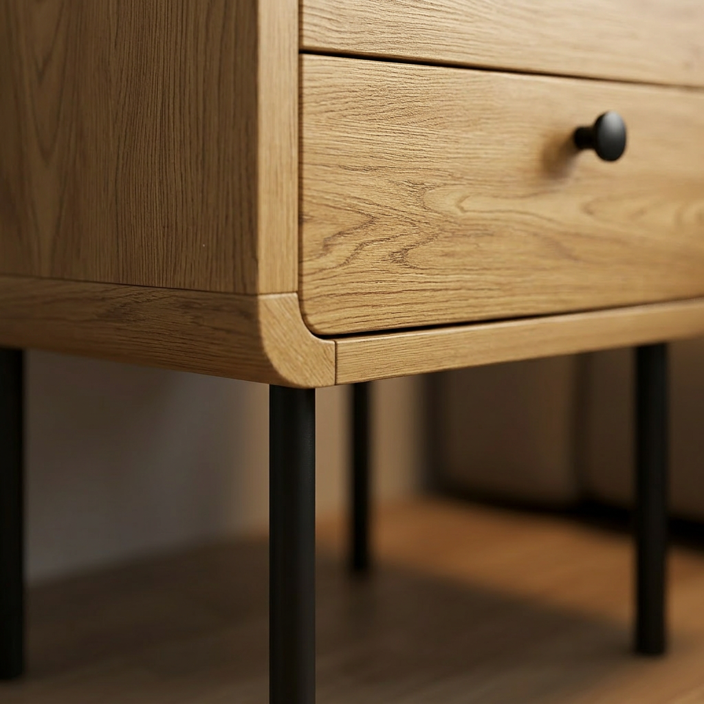 Oak nightstand with two drawers in a calm bedroom